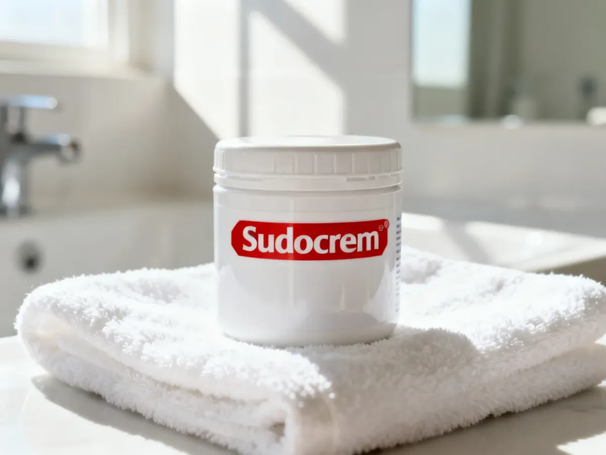 Słoiczek kremu Sudocrem na białym ręczniku w jasnej, nowoczesnej łazience. Estetyczne zdjęcie promujące pielęgnację skóry.