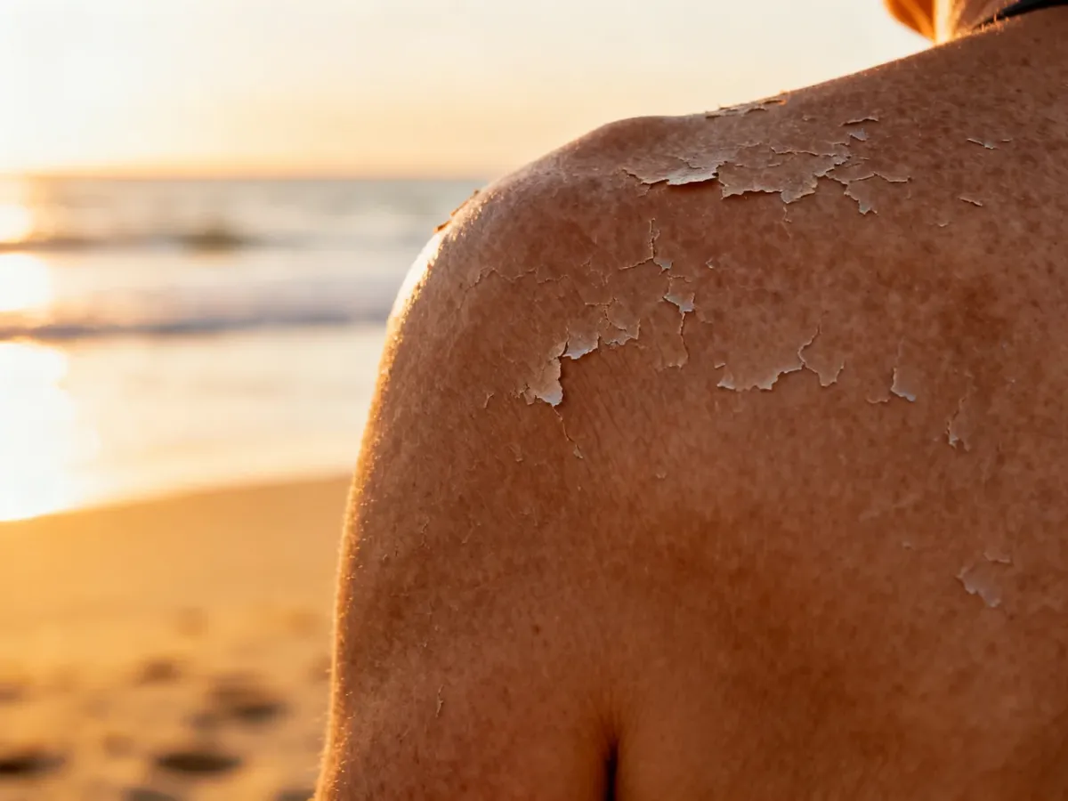Złuszczająca się skóra na ramieniu po oparzeniu słonecznym na tle piaszczystej plaży.