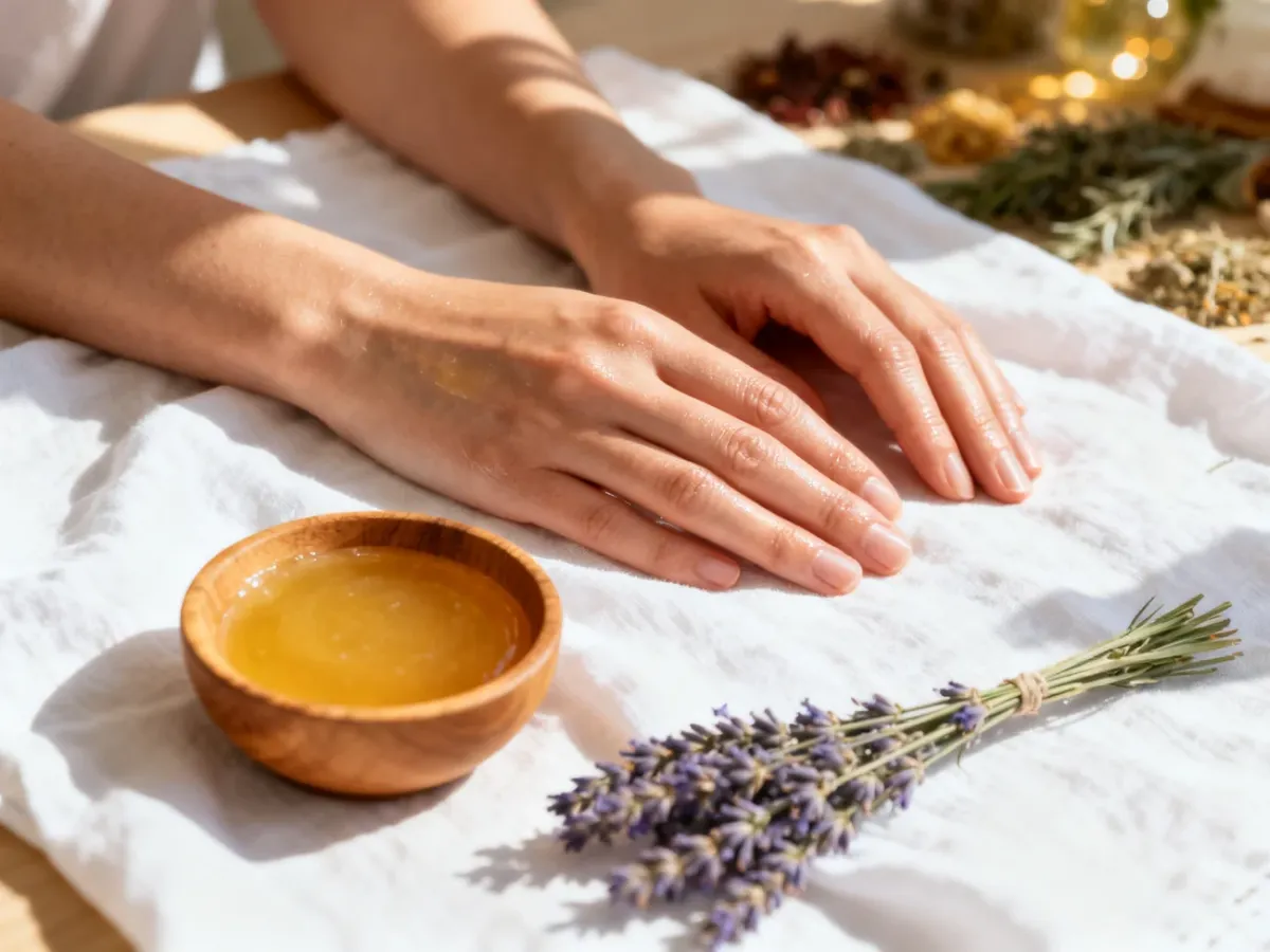 Zadbane dłonie obok miseczki z naturalnym balsamem i lawendą, symbolizujące skuteczną pielęgnację popękanej skóry.