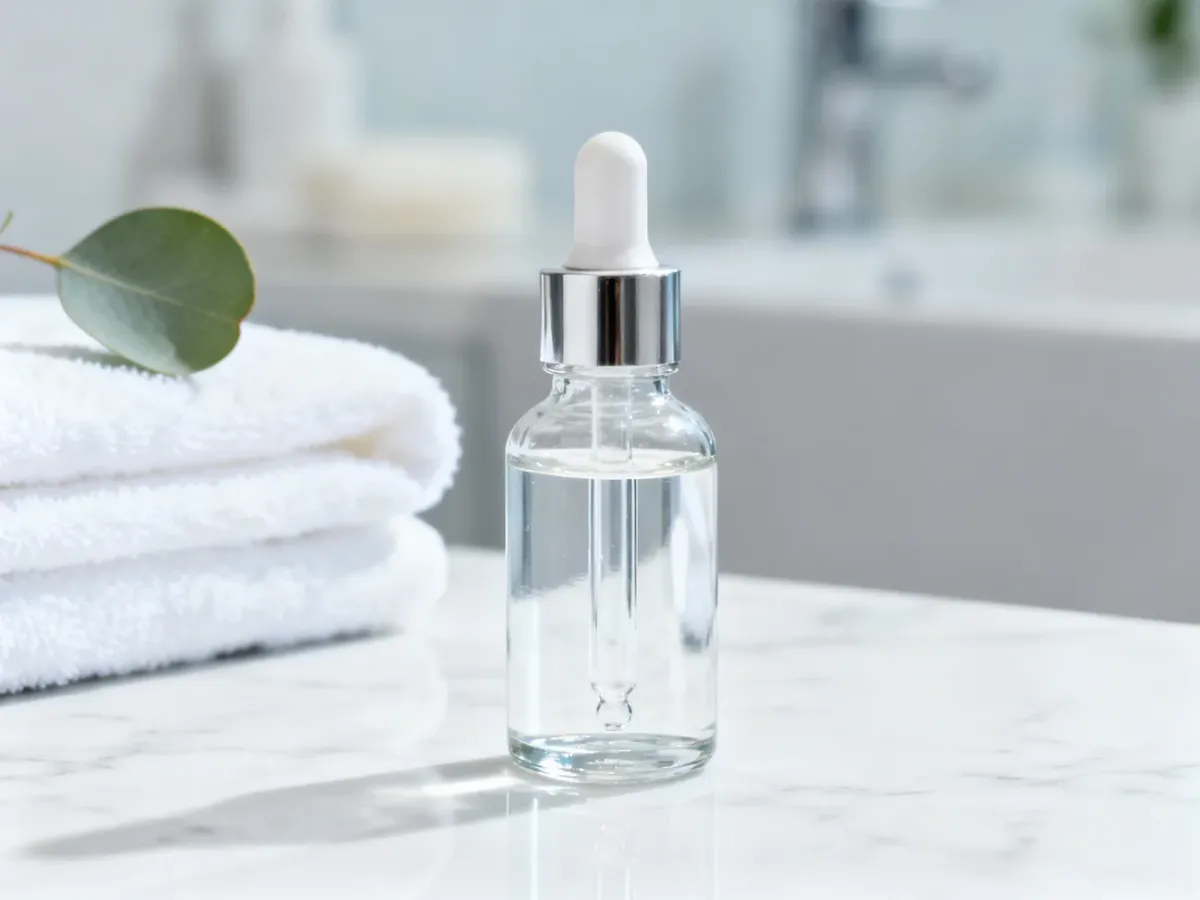 Szklana buteleczka z serum na marmurowym blacie, podkreślająca profesjonalny i kliniczny charakter pielęgnacji kwasami.