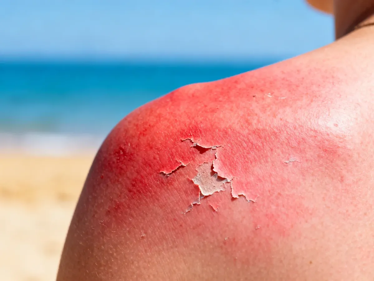 Zaczerwienione i łuszczące się ramię po nadmiernym opalaniu na tle rozmytego krajobrazu plaży.