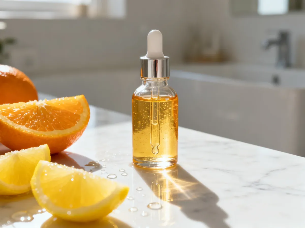 Szklana buteleczka z serum z witaminą C na marmurowym blacie w otoczeniu świeżych cytrusów w porannym świetle.